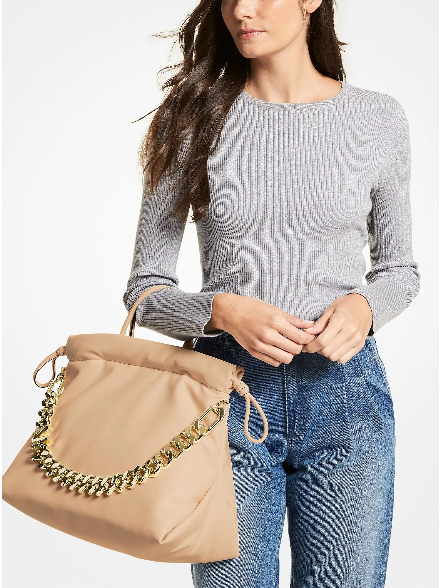 Lina Medium Logo Faux Leather Tote Bag Camel