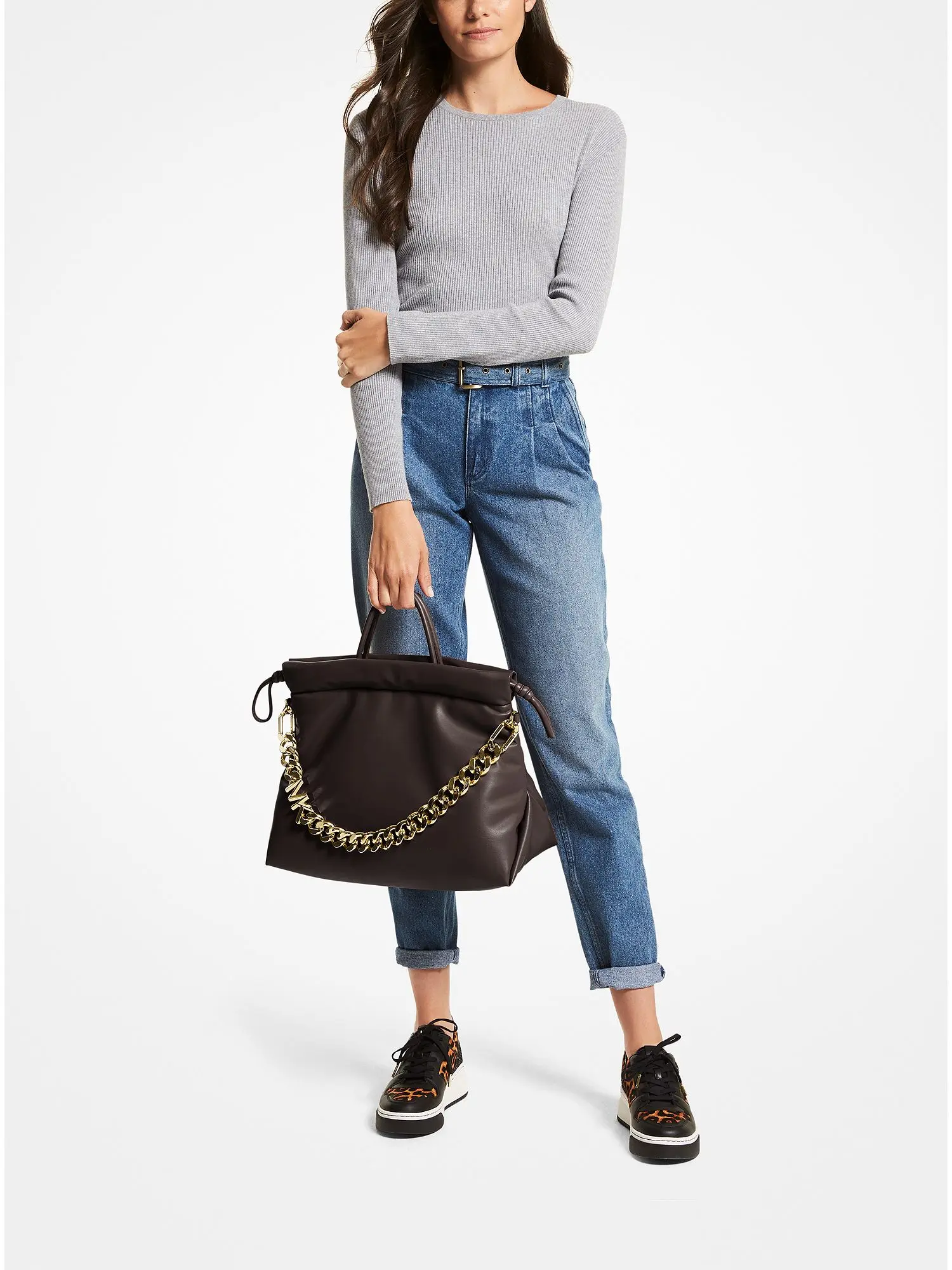 Lina Medium Logo Faux Leather Tote Bag Chocolate