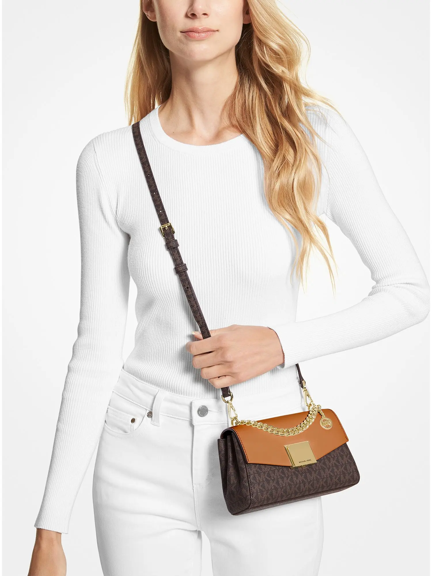 Lita Small Two-Tone Logo and Leather Crossbody Bag Brown
