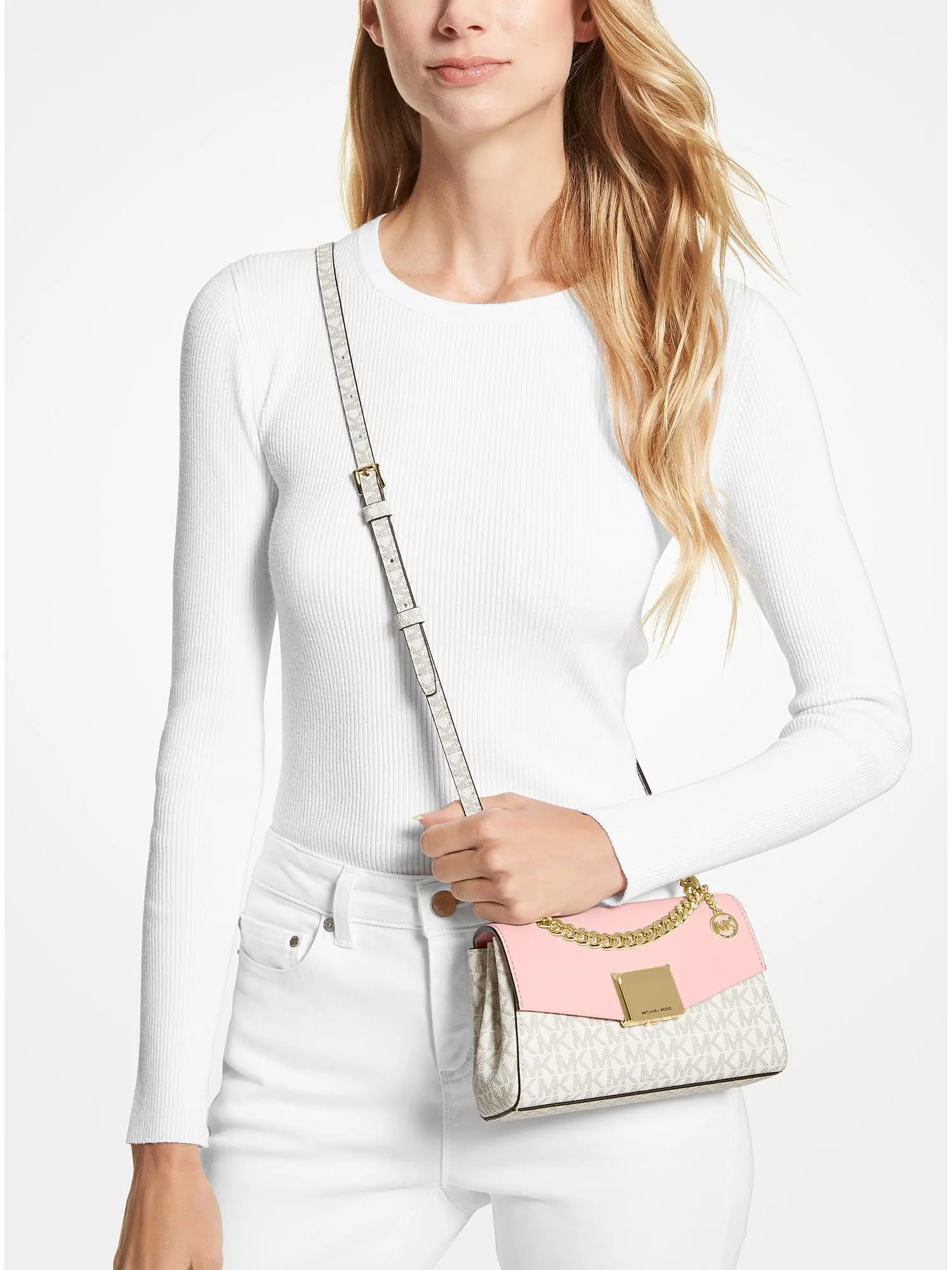 Lita Small Two-Tone Logo and Leather Crossbody Bag Pwd Blsh Mlt