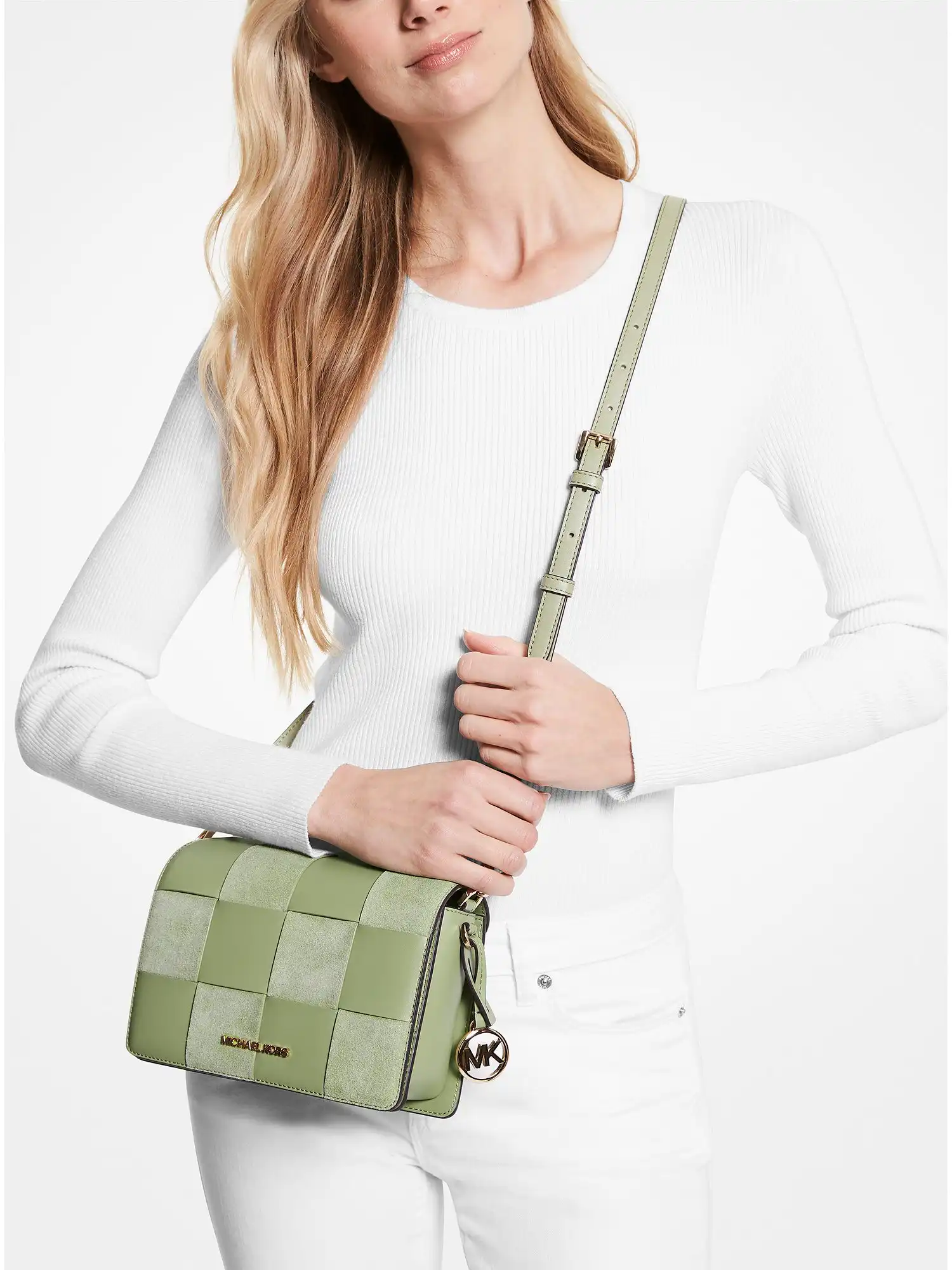 Mercer Small Woven Faux Leather and Suede Crossbody Bag Lt Sage Mlti