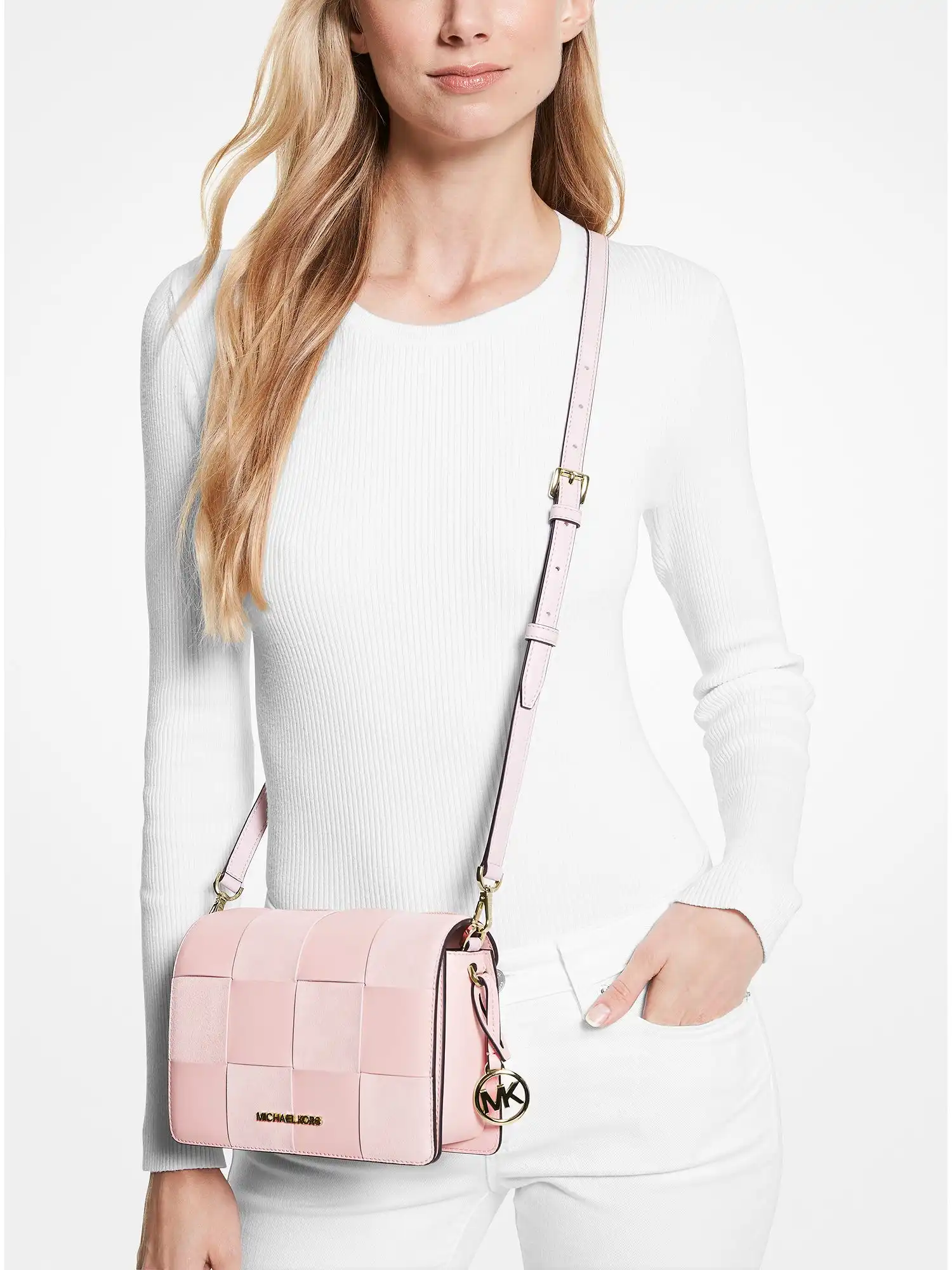 Mercer Small Woven Faux Leather and Suede Crossbody Bag Pwd Blsh Mlt