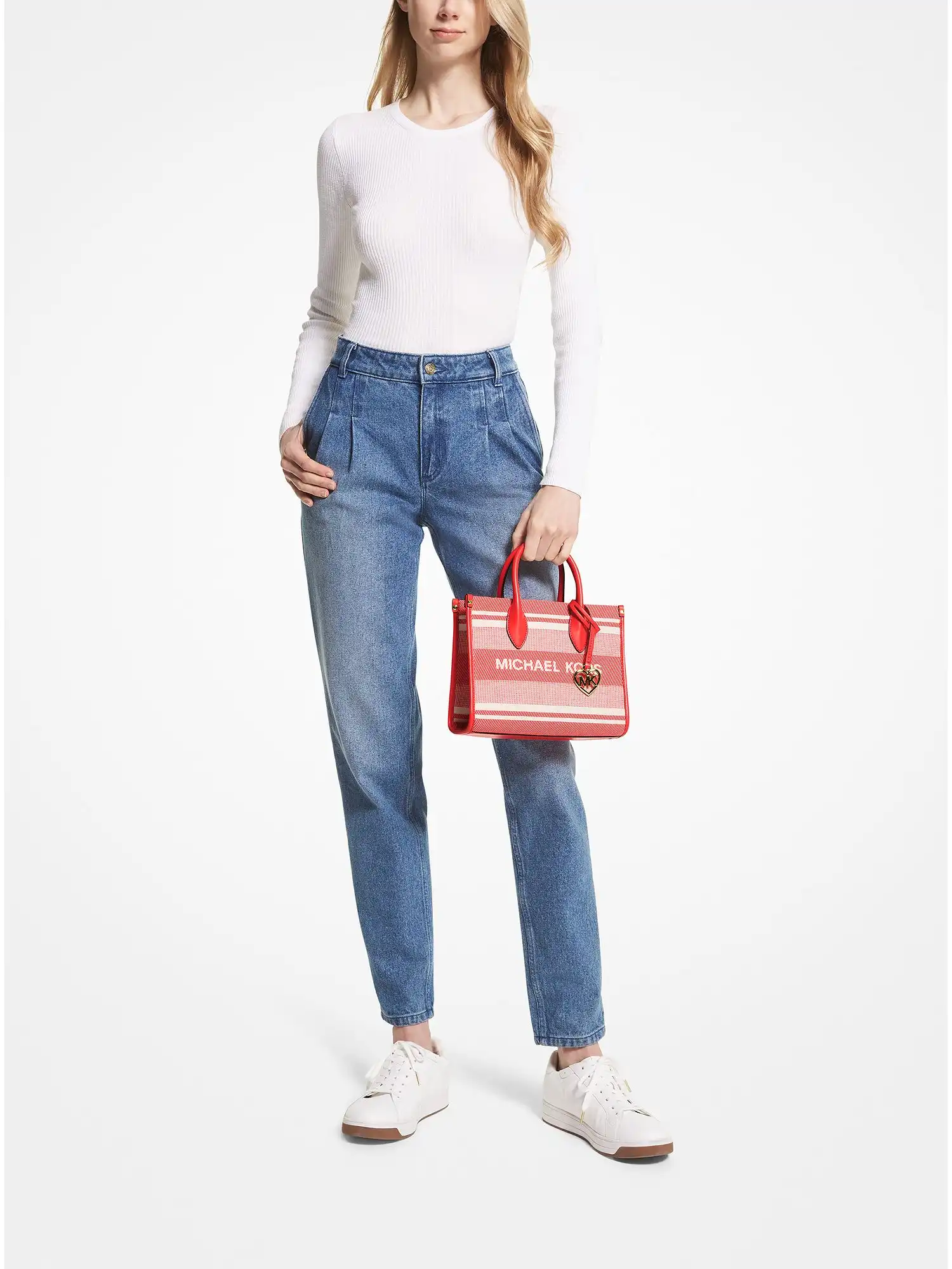 Mirella Small Striped Cotton Canvas Crossbody Bag Coral