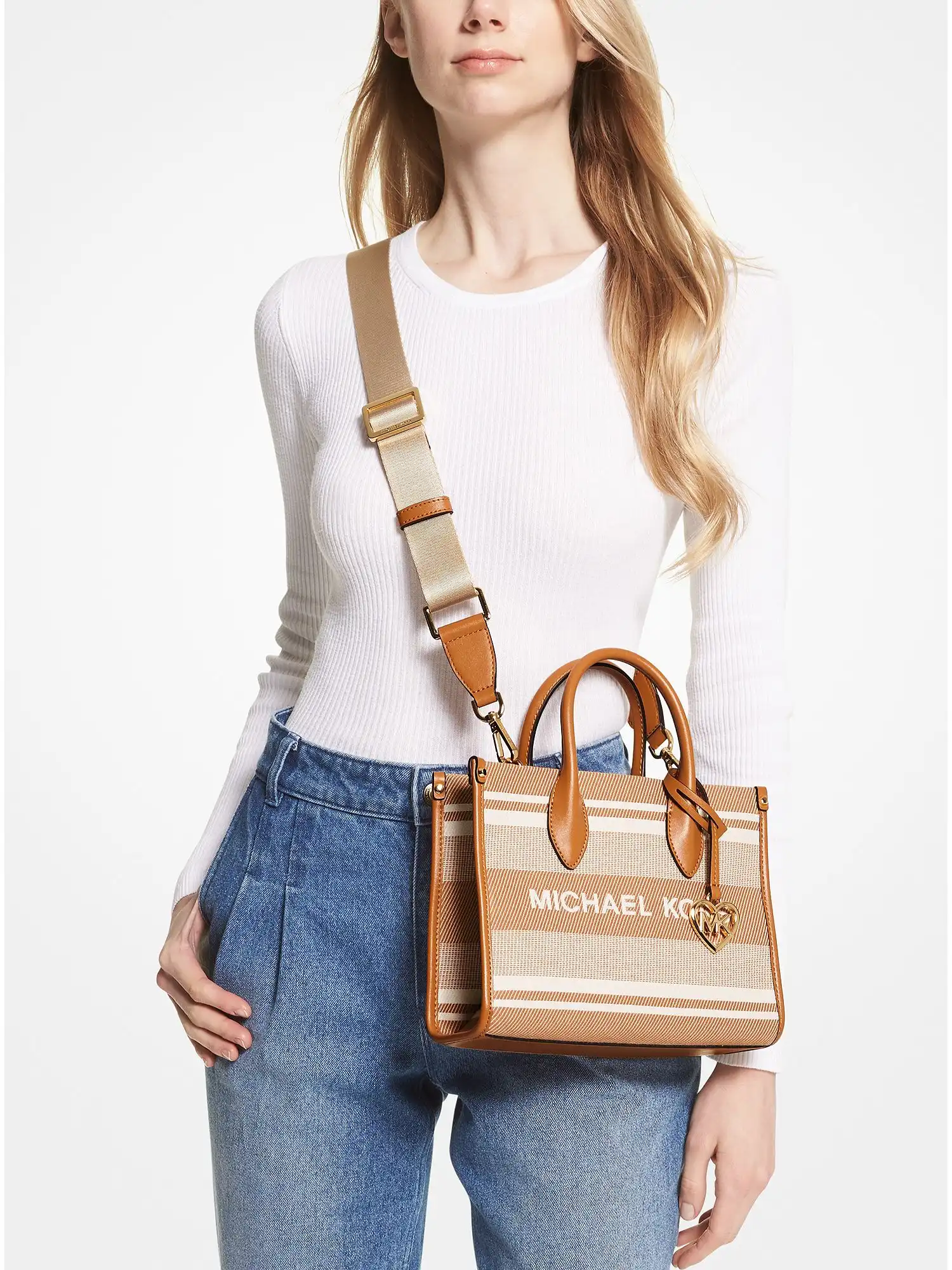 Mirella Small Striped Cotton Canvas Crossbody Bag Cuoio