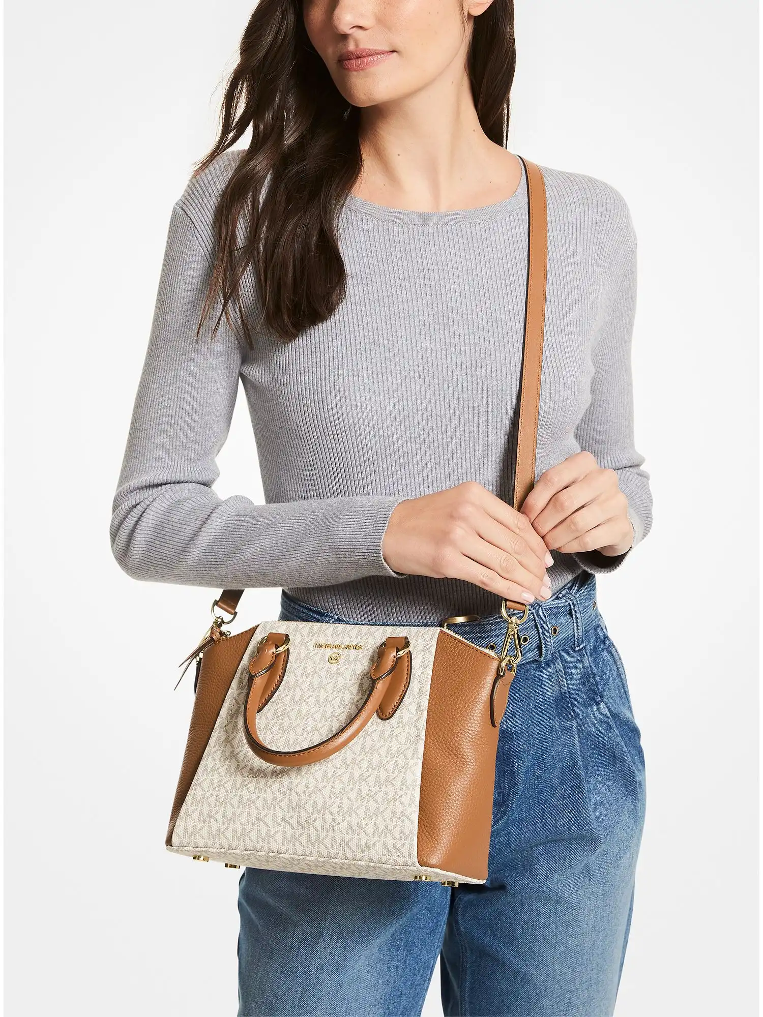 Sienna Medium Logo and Leather Messenger Bag Vanilla Acorn