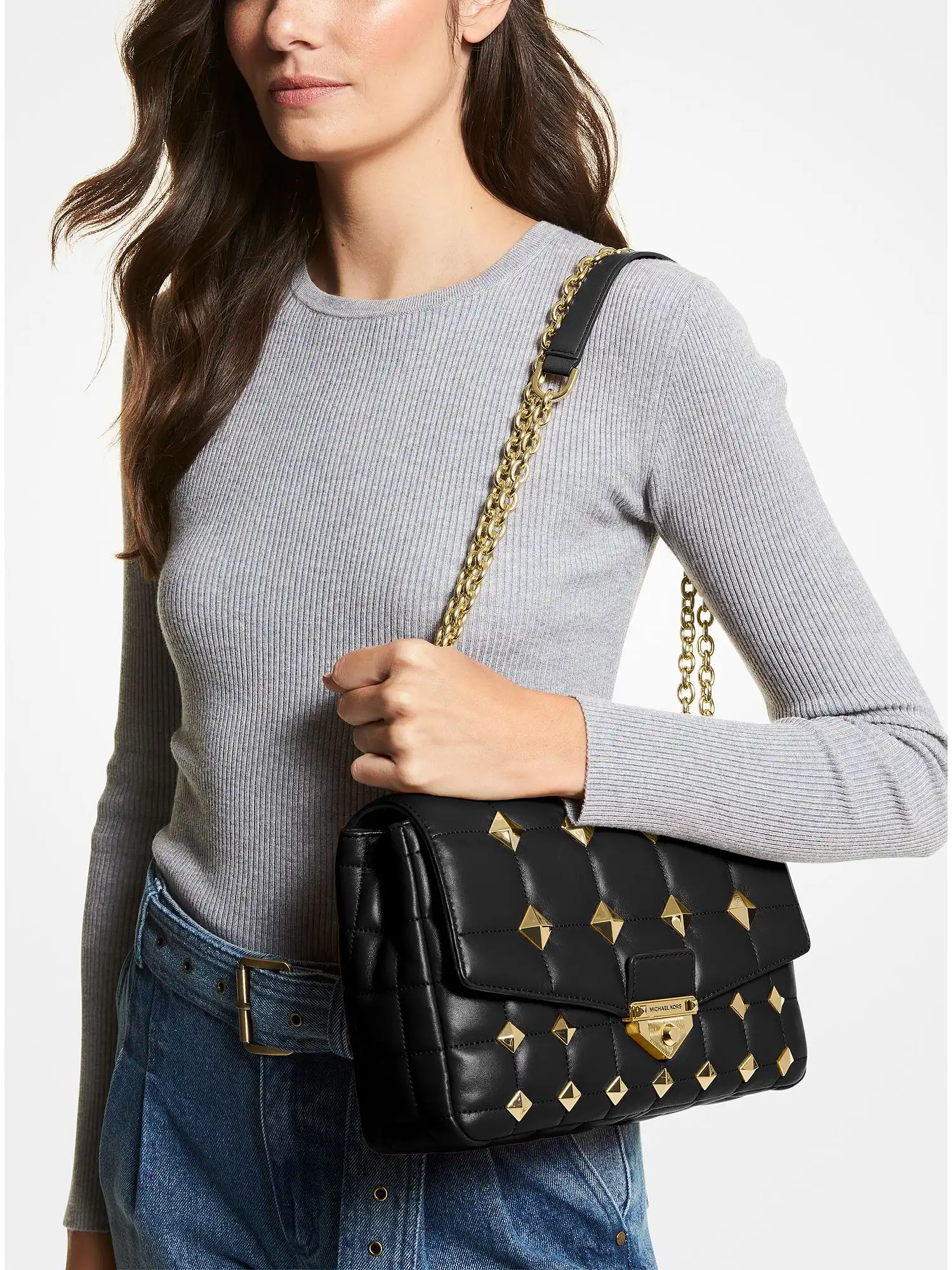 SoHo Extra-Large Studded Quilted Leather Shoulder Bag Black
