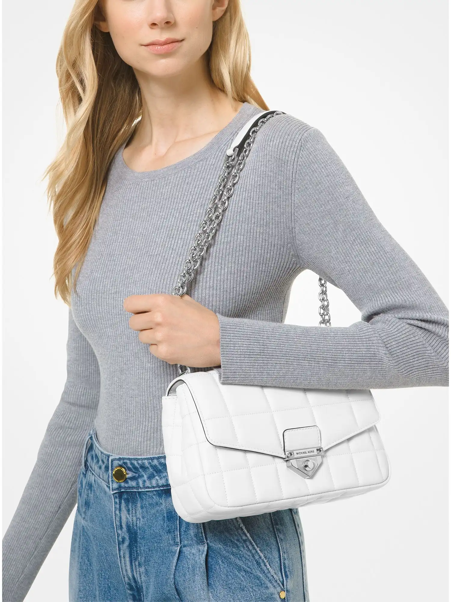 SoHo Large Quilted Leather Shoulder Bag Optic White