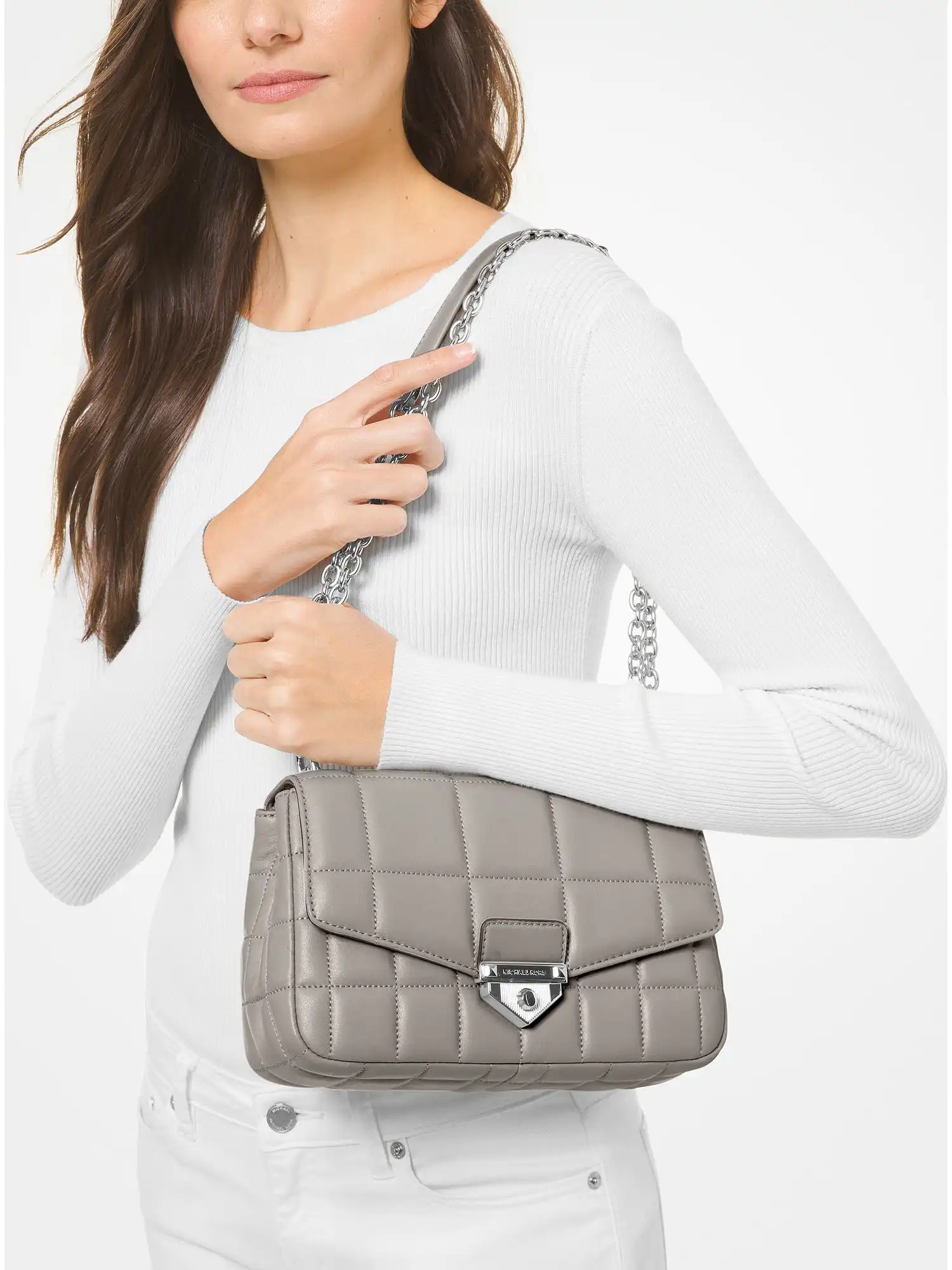 SoHo Large Quilted Leather Shoulder Bag Pearl Grey