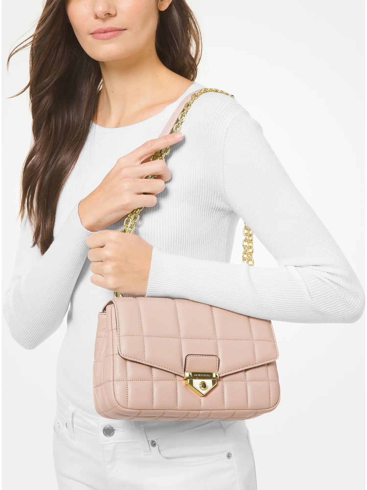 SoHo Large Quilted Leather Shoulder Bag Soft Pink