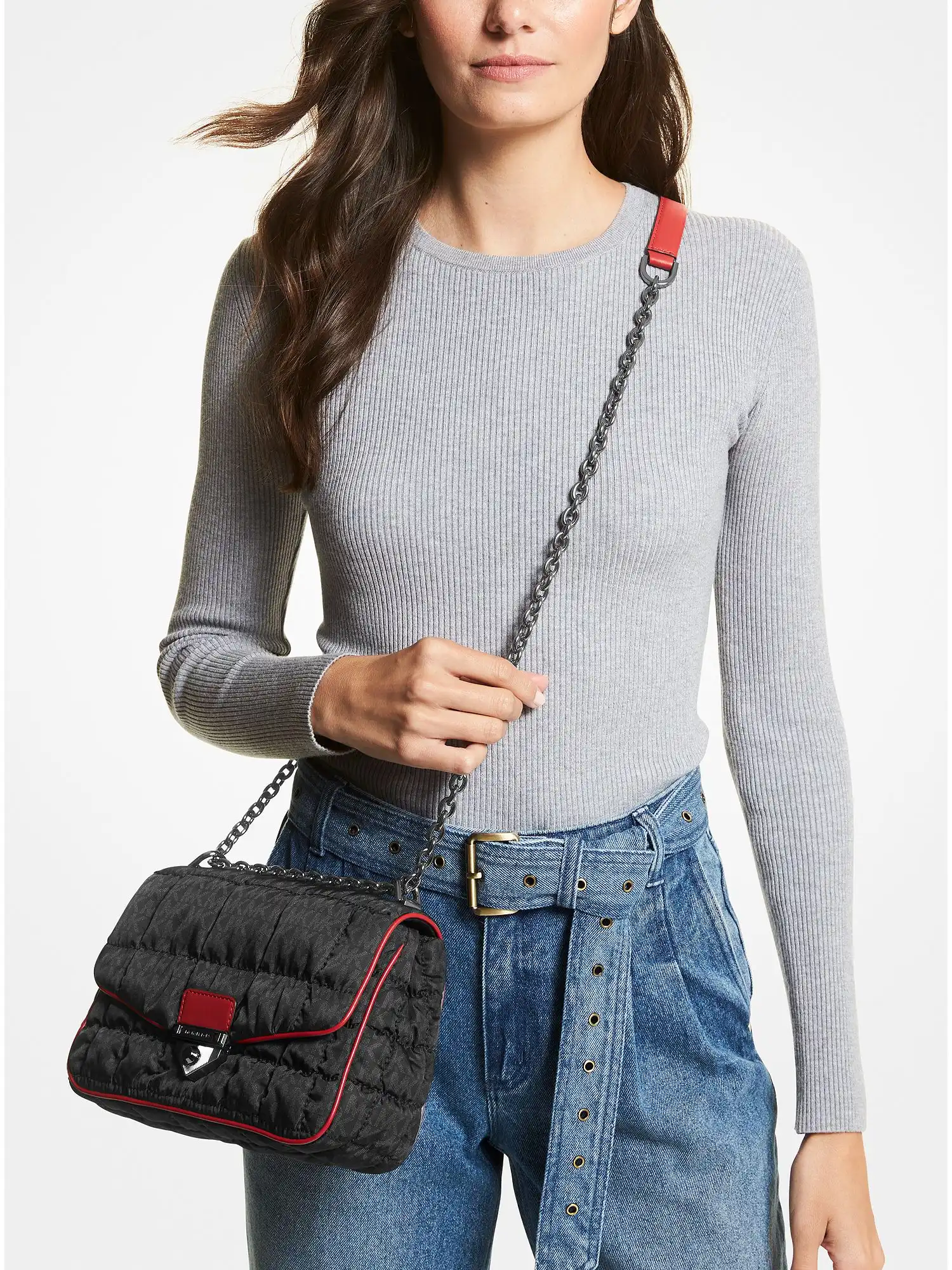 Soho Large Quilted Signature Logo Nylon Shoulder Bag Black Combo