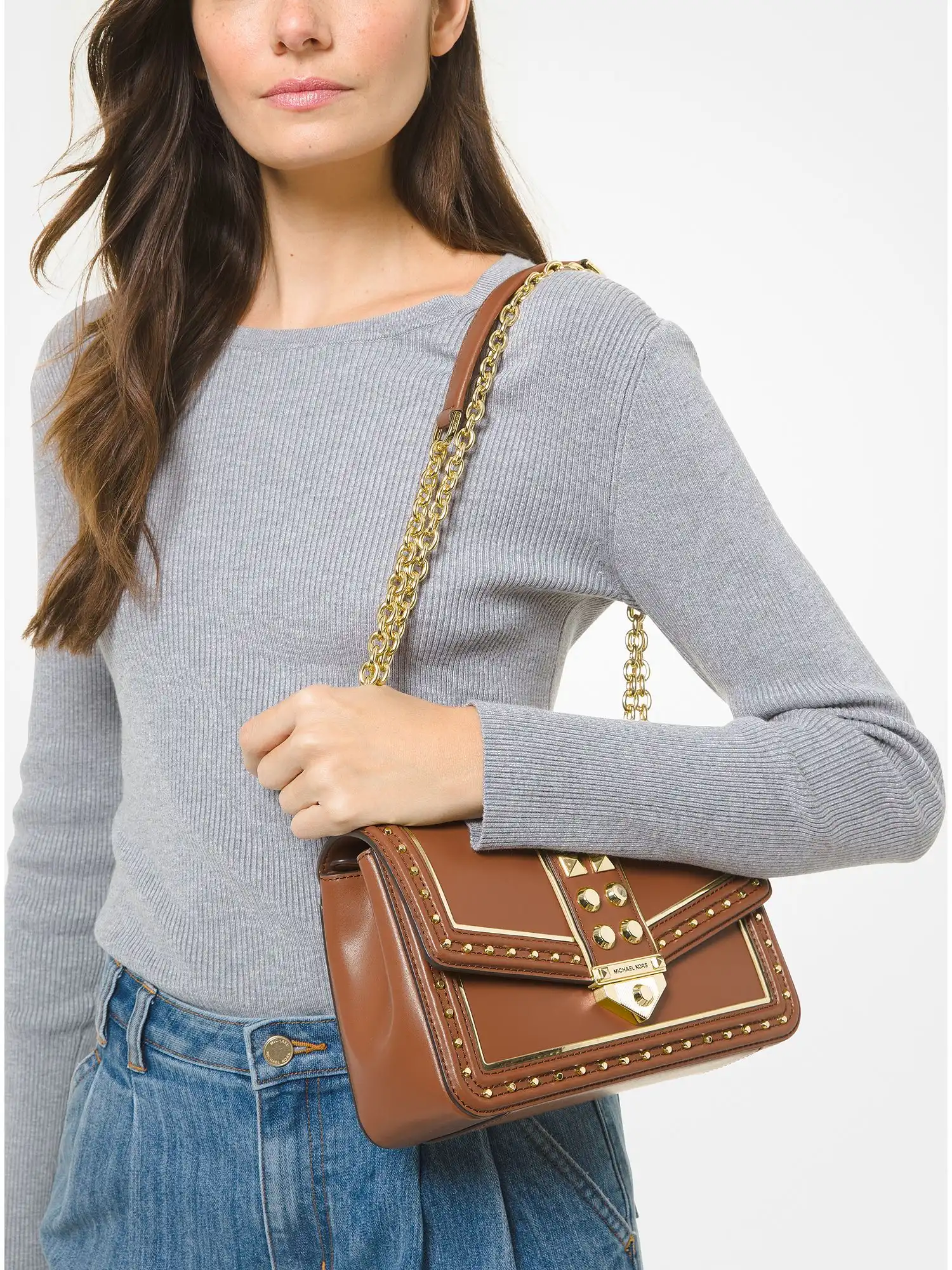 SoHo Large Studded Leather Shoulder Bag Luggage