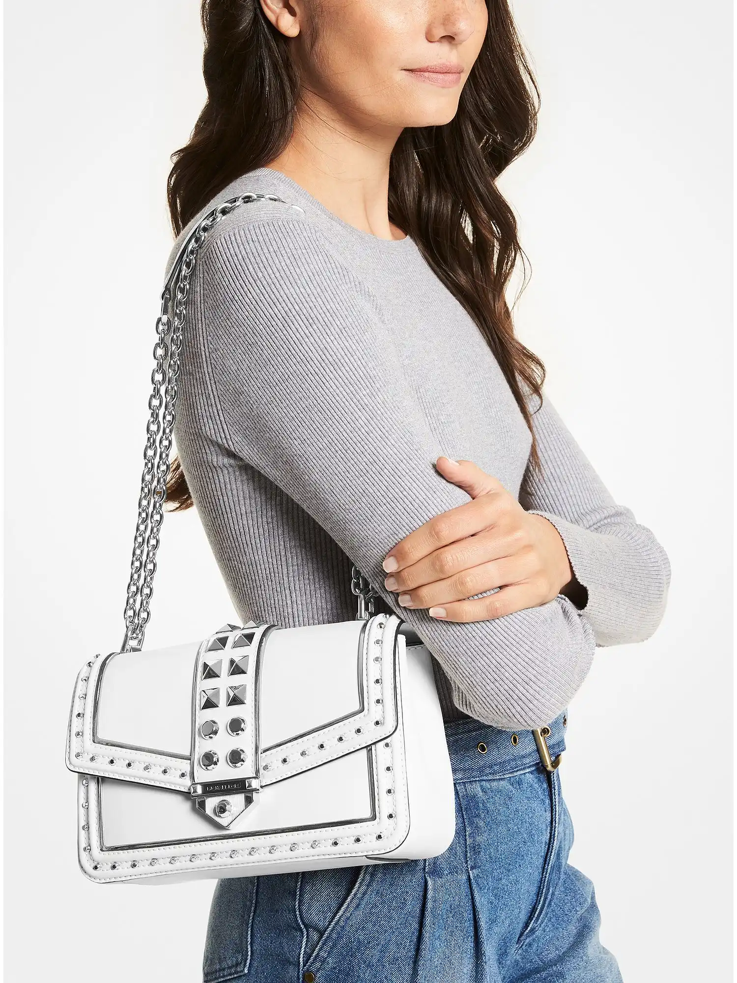 SoHo Large Studded Leather Shoulder Bag Optic White