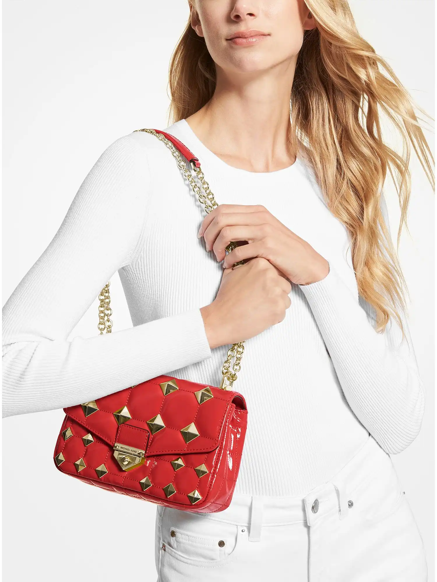 SoHo Small Studded Quilted Patent Leather Shoulder Bag Sangria