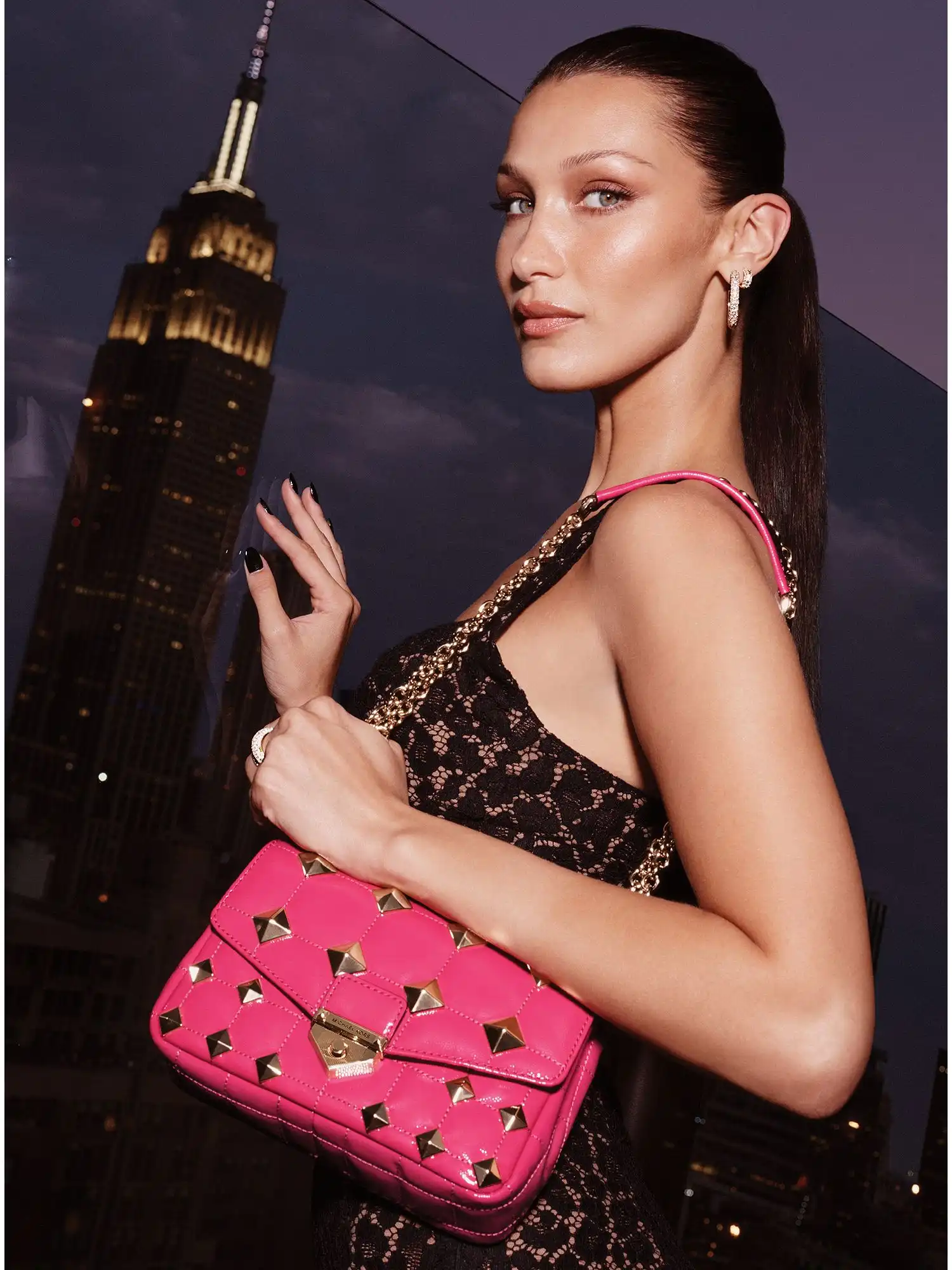 SoHo Small Studded Quilted Patent Leather Shoulder Bag Wild Berry