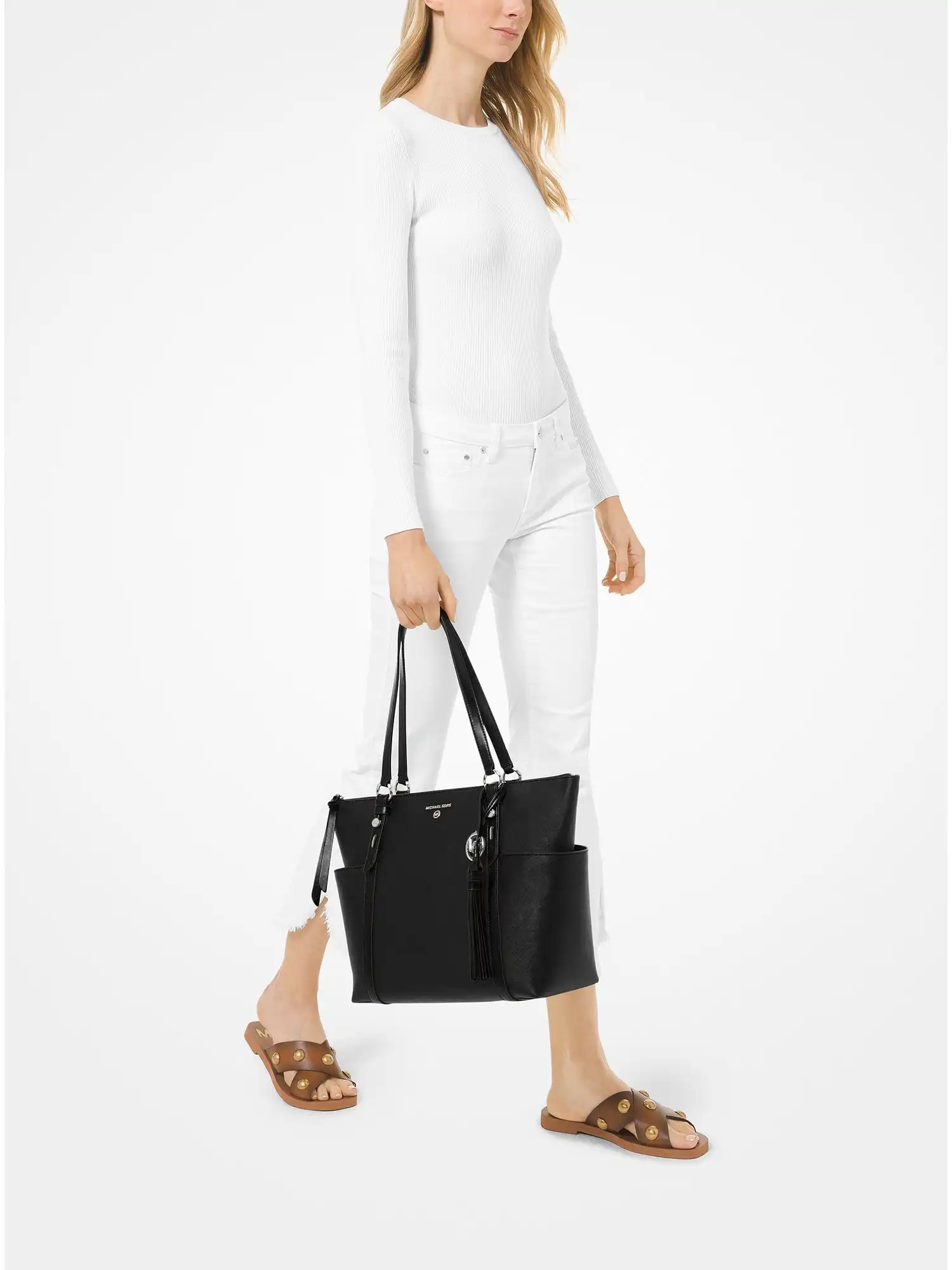 Sullivan Large Saffiano Leather Top-Zip Tote Bag Black